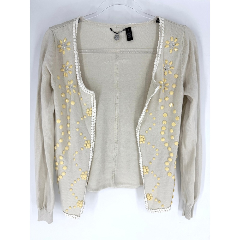 BKE Boutique Womens Beaded Floral Cardigan Beige Open Front Crochet Trim S